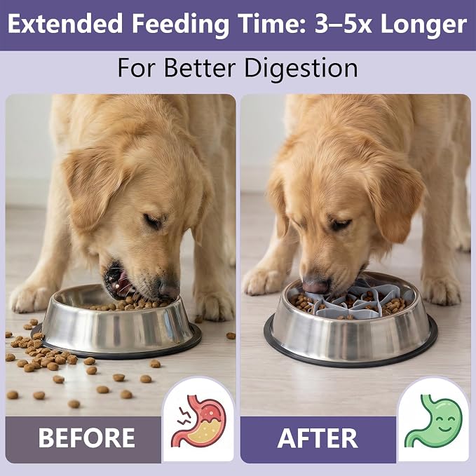 Silicone Dog Slow Feeder Bowl Insert with Suction Cups, Cuttable Food-Grade Lick Mat Divider Fits Stainless Steel Ceramic Glass Dog Bowls, Helps Slow Down Eating, Grey