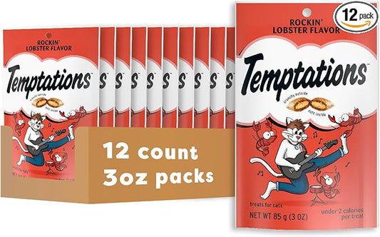 Temptations Classic Cat Treats, Rockin' Lobster Flavor, Crunchy and Soft Cat Treats 3 oz. Pouch (Pack of 12)