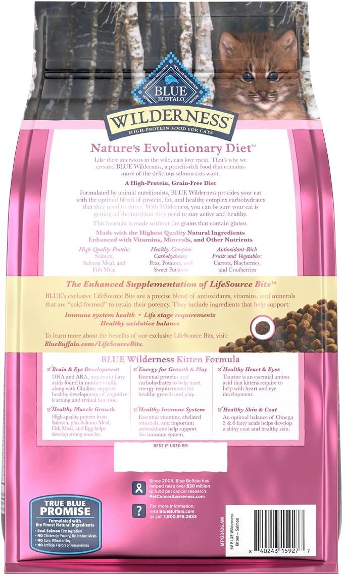 Blue Buffalo Wilderness High-Protein & Grain-Free Dry Food for Kittens, Natural Ingredients with DHA for Cognitive Development, Salmon Recipe, 5lb Bag