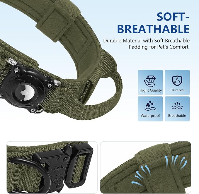 2026 New and Improved AirTag Dog Collar, Military Tactical Dog Collar with Integrated AirTag Holder-Adjustable Control Handle, Durable Metal Buckle,Comfortable GPS Dog Collars (Green, XL)