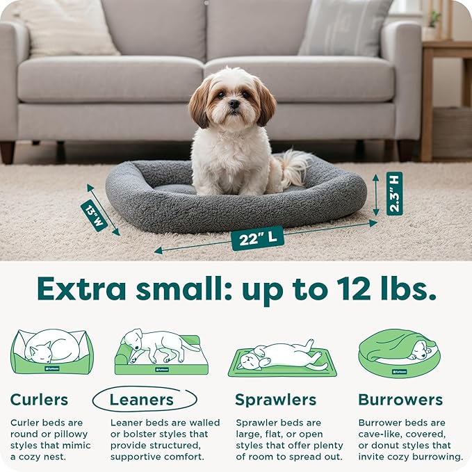 FurHaven Dog Bed for Extra Small Dogs & Cats, Bolster Crate Pad with Soft Supportive Base for Carriers & Kennels, Machine Washable, Extra Small, Sherpa Fleece, Gray