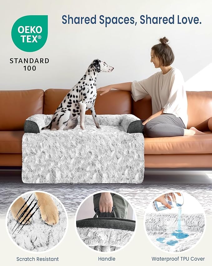 Calming Extra Large Dog Bed for Couch, 45 x 37 inch Removable Couch Cover for Dogs Washable, Non-Slip Fluffy Plush Dog Sofa Mat for Furniture Protector - Grey
