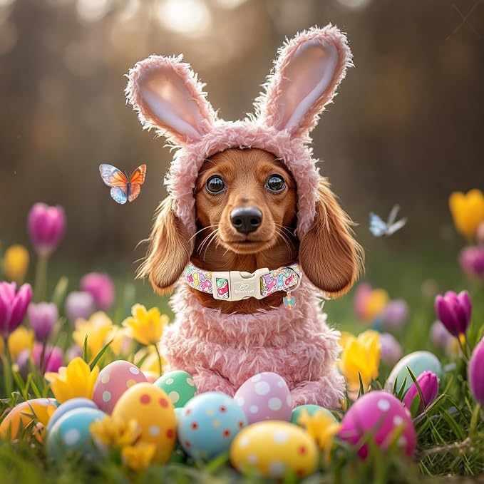 Easter Dog Collar for Giant Large Dogs - Colorful Bunny Print Easter Collar for Male Female Dogs, Lightweight Adjustable Spring Holiaday Dog Collars with Quick Release Buckle XL