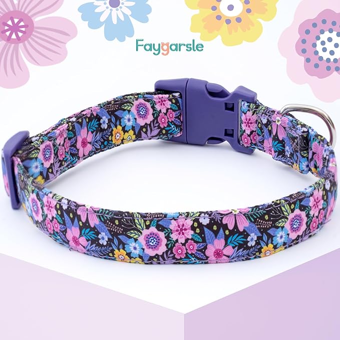 Faygarsle Cotton Dog Collar Cute Dog Collars for Small Medium Large Dogs Purple Floral Colored Options Soft and Fancy Pet Collars for Girls Flower Pattern for Girl Dog Collar L