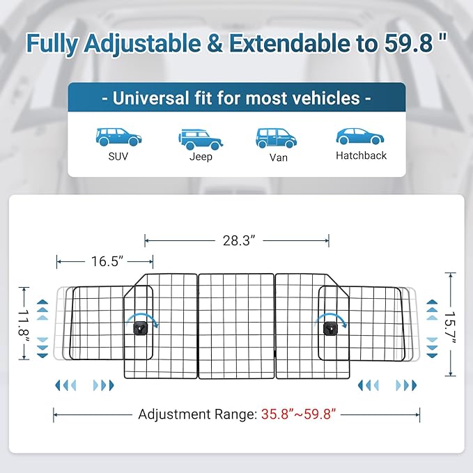 rabbitgoo Dog Car Barrier for SUVs, Adjustable Large Pet Gate, Universal-Fit Divider Cargo Net, Heavy-Duty Wire Mesh Dog Barrier SUV, Van Vehicles Subaru Car Accessories Safety Travel, Triple Folding