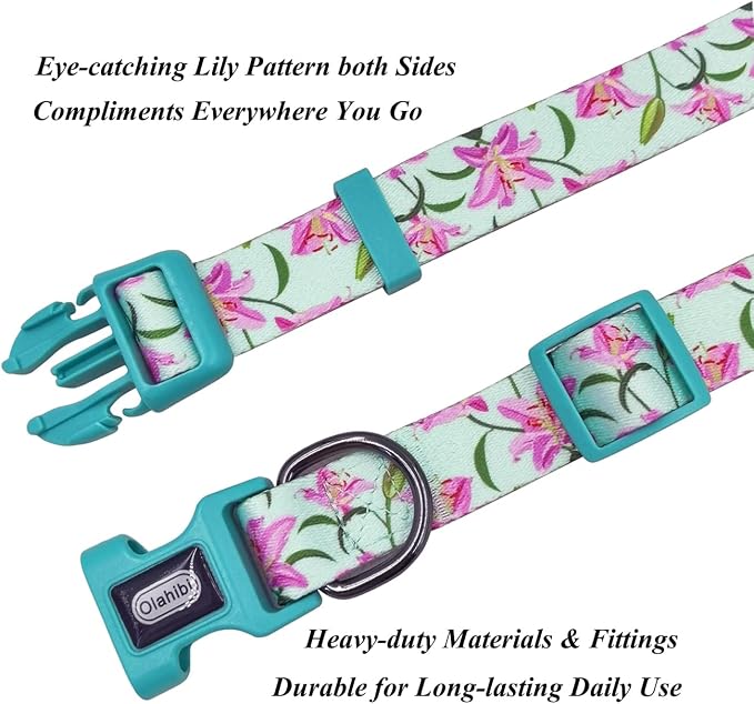 Dog Collar Leash Set, Floral Pattern, Polyester Material, Adjustable Collar and 5ft Matchcing Leash, for Small Dogs.(S, Green Lily)