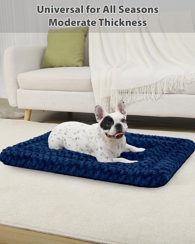 Washable Dog Bed Mat Crate Pad Soft Fluffy Pet Kennel Beds Dog Sleeping Mattress for Large Jumbo Medium Small Dogs, 48 x 30 Inch, Blue