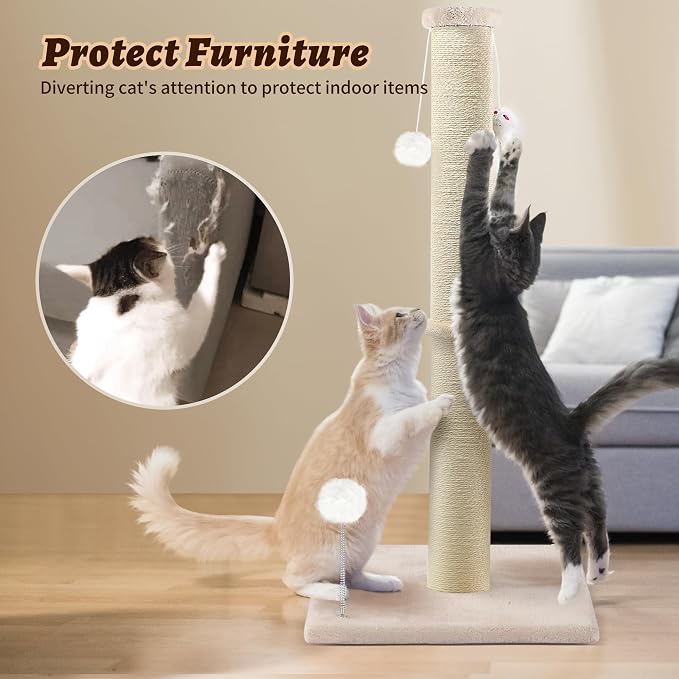36 Inch Tall Cat Sisal Scratching Post for Indoor Cats, Beige | Natural Sisal, Sturdy Base, Interactive Toys, Full Stretch, Furniture Scratching Redirect, For Kittens and Adult Cats
