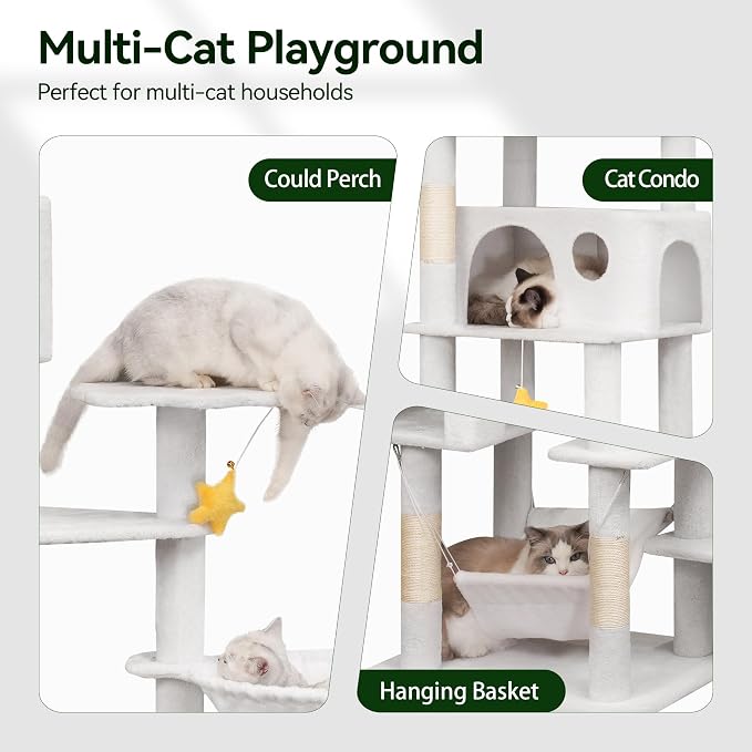 Meecal 79in Tall Cat Tower for Heavy Duty Big Cats, Large Cat Tree with Scratching Post, Plush Perches, Cozy Cat Condos & Hanging Hammocks for Maine Coon, White