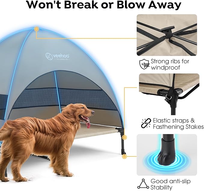 Veehoo Outdoor Dog Bed with Canopy, Cooling Elevated Dog Bed with Removable Shade, Non-Slip Feet, Raised Dog Cot Bed for Large Dogs, Dog Tent Bed for Camping, Beach, Large, Beige Coffee CWC2411