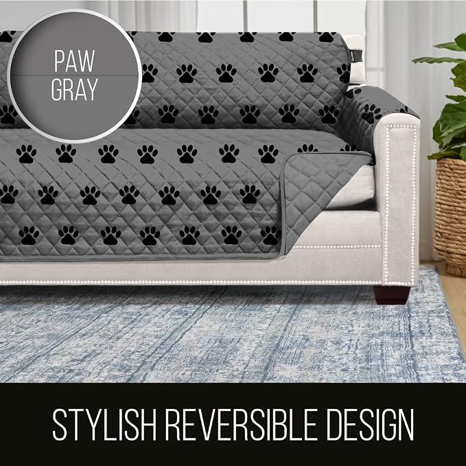 Sofa Shield® Couch Slip Covers for Dogs, Reversible Furniture Protector with Strap, Stain and Tear Resistant Cushion Cover, 78 inch Seat, Machine Washable Slipcover Pets, Cats, Paw Gray Black
