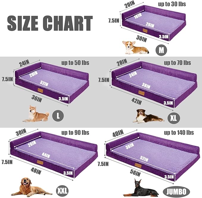 Patas Lague Orthopedic XL Dog Bed Large Sized Dog 42''X28'', Waterproof L Bolster Big Large Pet Sofa Beds with Removable Washable Cover, Soft Pet Couch Crate Mat with Nonskid Bottom, Purple