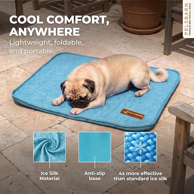 Pelsbarn Dog Cooling Mat- Ice Silk Summer Comfort, Self Cooling, Non-Slip Dog Pad, Durable & Washable, Mat for Small Dogs 18 x 21, Support Shelter Dogs with Every Purchase (Blue)