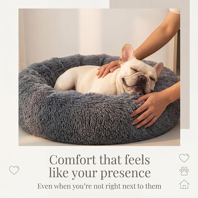 Calming Donut Dogs Beds for Medium Dogs up to 45 lb,30inch Anti-Slip Plush Round Dog Bed with Raised Rim,Fluffy Faux Fur Pet Bed for Cozy Sleep,Dark Grey