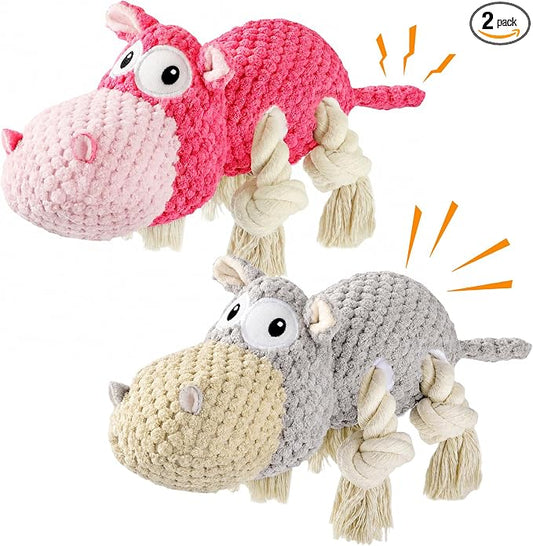TOOPTATE Squeaky Dog Toy Set - 2-Pack Plush Dog Toys for Small Medium Large Dogs, Keep Them Busy (Gray & Pink, Medium)