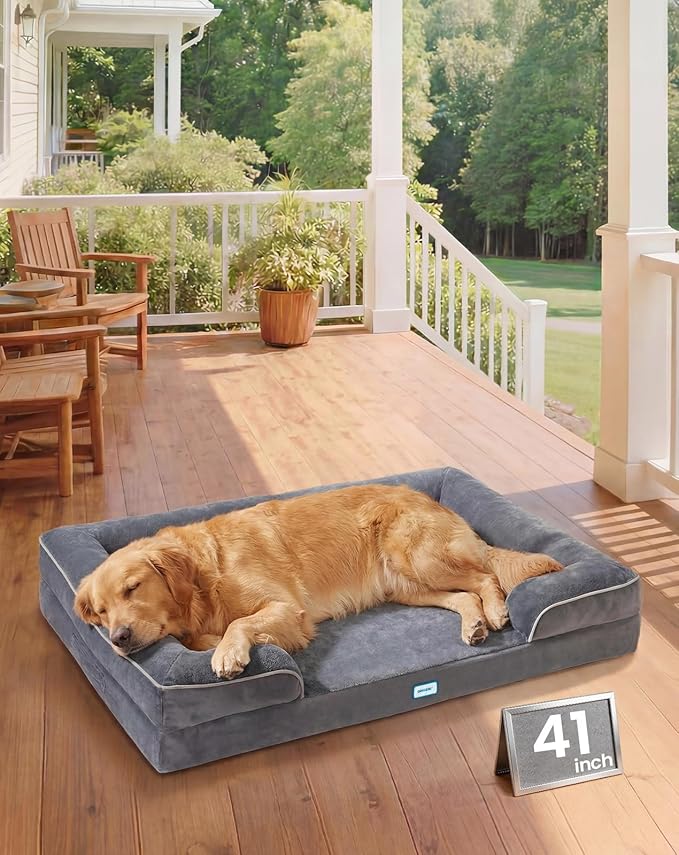OhGeni Orthopedic Dog Bed Couch Big Cat Sofa for Extra Large Sized Pets with Memory Foam, Machine-Washable Waterproof Removable Cover, Soft Comfortable Fabric, 41-inch (Gray)