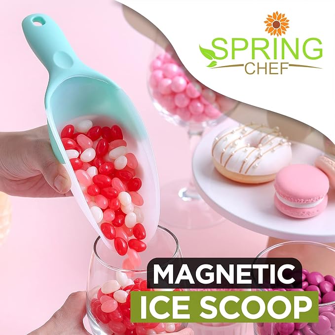 Spring Chef Magnetic Ice Scoop for Freezer - Multifunctional BPA-Free Flexi-Plastic Scoops for Dry Goods with Comfortable Handle - Scoopers for Food, Ice Machine, Flour, Popcorn - Set of 2 - Mint