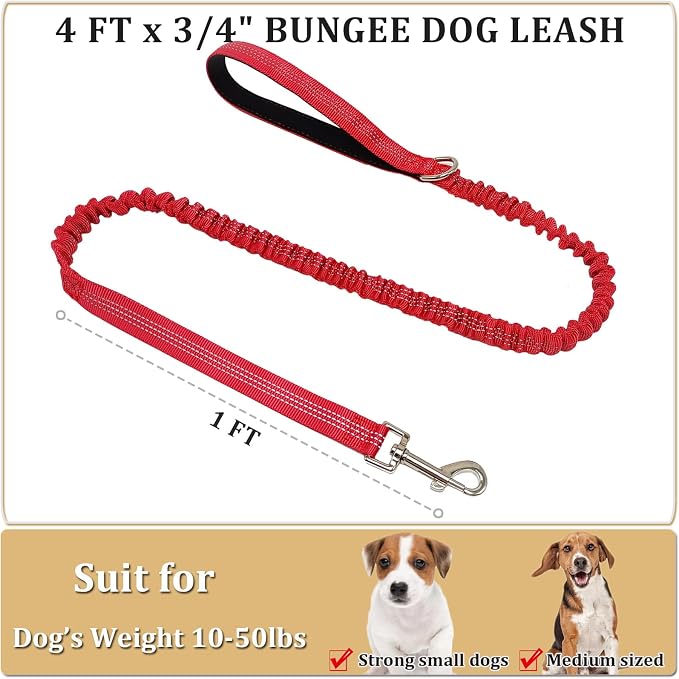 WYuZe 4FT Bungee Dog Leash for Strong Puppy Medium Dogs- Reflective, Shock Absorbing, Elastic Nylon Leash with Padded Handle for Safety Comfort No Pull Walking Training (Red, 3/4"-Wide)