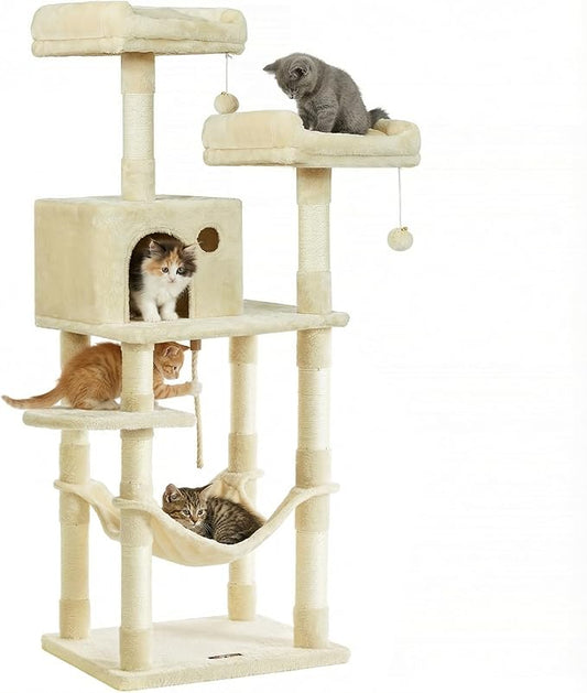 Feandrea Cat Tree, 55.8-Inch Cat Tower, Multi-Level Plush Condo with 11 Scratching Posts, 2 Perches, Hammock, Cave, Beige UPCT15BE