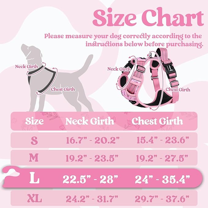 rabbitgoo Dog Harness for Large, No Pull Easy On & Off with 3 Buckles Pet Harness, Adjustable Soft Walking Vest with 2 Clips and Handle, Reflective for Large Dogs, Floral Pink, L