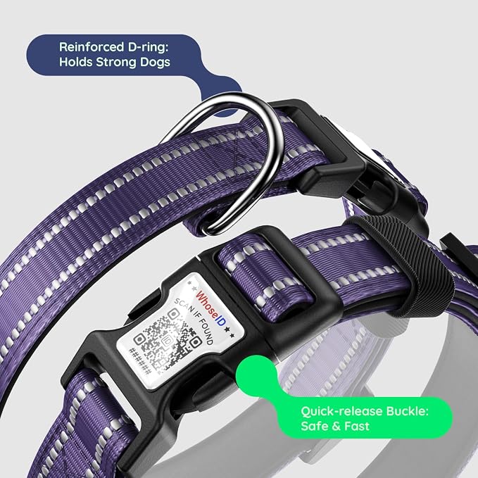 Airtag Dog Collar, Reflective Ultra-Durable Nylon Padded with QR Code Buckle & IP68 Waterproof Air Tag Holder Compatible for Apple AirTag, Comfortable for Small Medium Large Dogs(Purple,S)