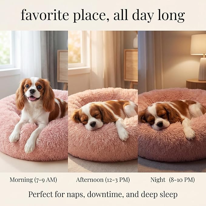 Calming Dog Bed for Medium Dogs Washable Donut 30 inches Anti-Slip Pet Bed,Round Fluffy Plush Faux Fur Cat Bed,Fits up to 45 lbs Pets,Pink