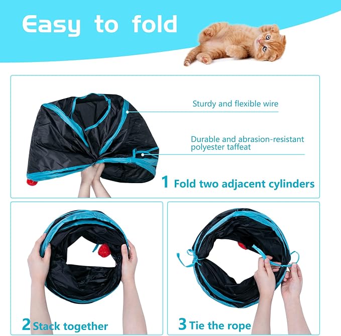 Sheldamy Cat Tunnel, 2-Way Collapsible Play Tunnel, Interactive Toy Maze for Small Animals, Suitable for Kittens, Puppies, Rabbits, Ferrets, Blue & Black