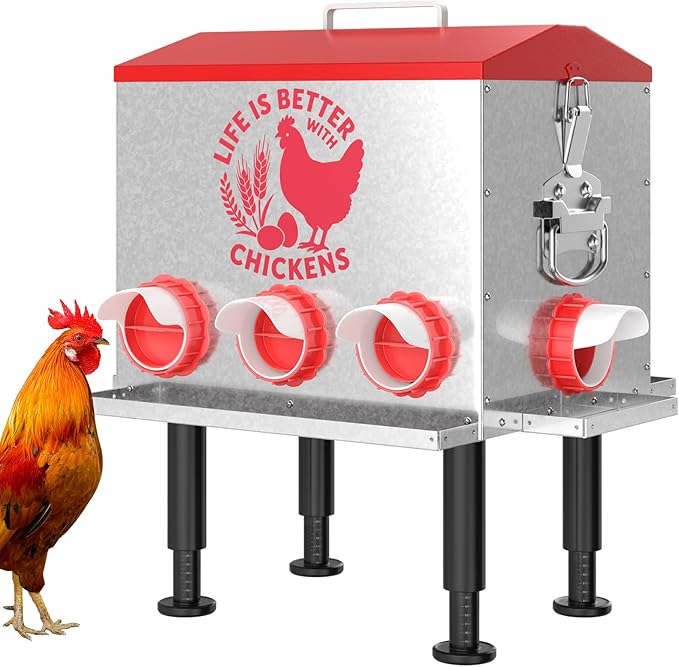 Pawaboo 55LBS Large Capacity Automatic Chicken Feeder - 2026 Upgraded No Waste Poultry Feeder, 7 Feeding Ports, Viewable Feed Level Window, Height-Adjustable Legs + Wobble-Free Stability