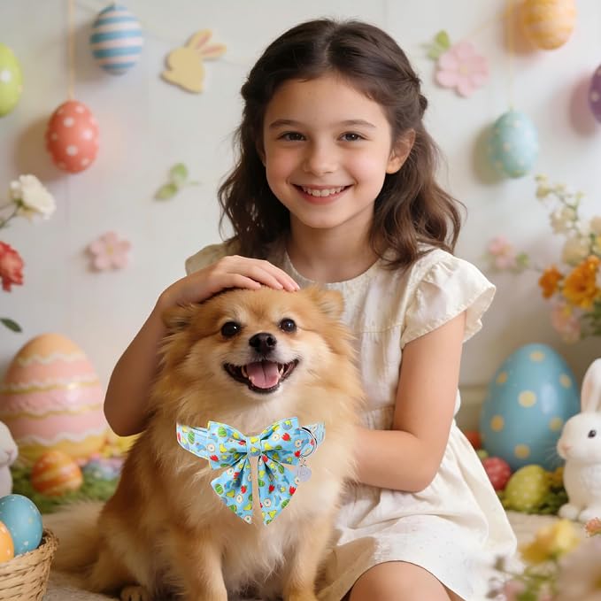 Easter Dog Collar with Bow Tie, Cotton Bunny Bowtie for Large Girl Boy Dog, Cute Rabbit Pet Collar with Metal Buckle, Gift, S