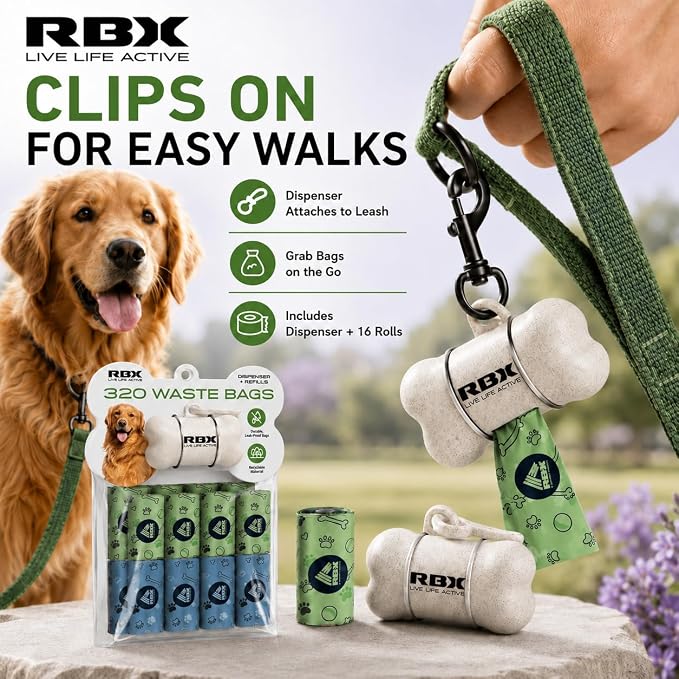 RBX Dog Poop Bags with Leash Holder, 320 Bags, 16 Refill Rolls | Clip-On Dispenser, Durable Leak-Proof, Recyclable Material