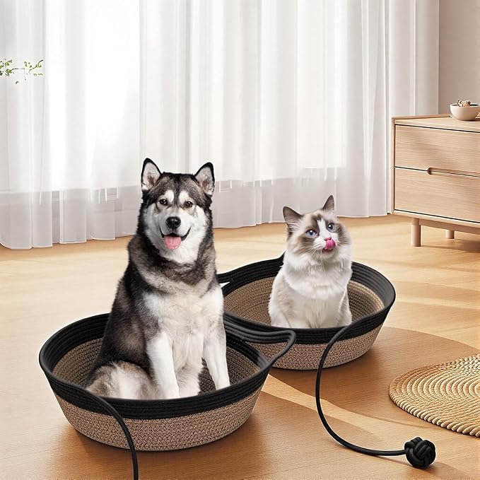 Cotton Rope Woven Cat Bed Basket, Hand Woven Cat Bed with Toy Tail, Small Dogs Sofa Bed, Pet Sleeping Bed Basket for Indoor Cats, Puppies, Rabbits (Medium, Black & Brown)