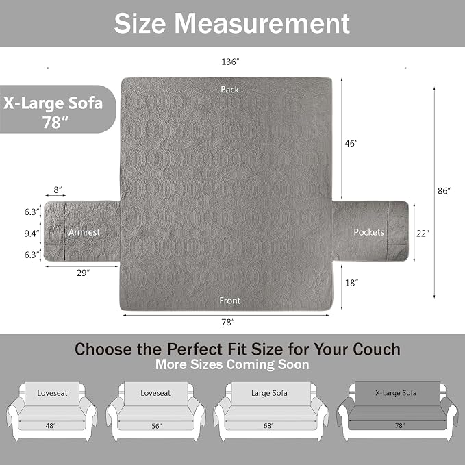 Soft Quilted Couch Cover with Pockets for Extra-Large Sofa, Anti-Slip Sofa Covers Washable for 3 Cushion Pet Friendly, Oversized Sofa Cover Water-Repellent (X-Large Sofa 78", Cool Gray)