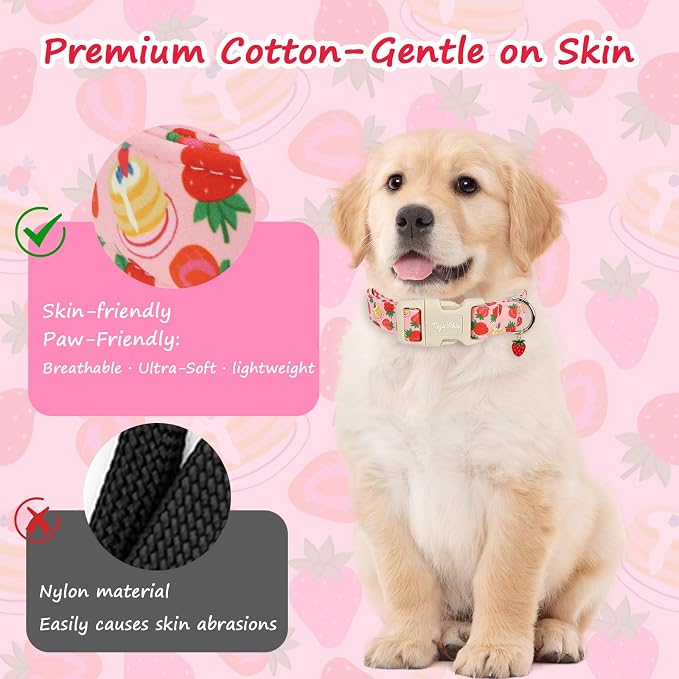 Dog Collar with Strawberry Patterns, Spring Summer Collection Pink Dog Collar with Exquisite Pendant, Durable Adjustable Collars for Gifts & Daily Use-M