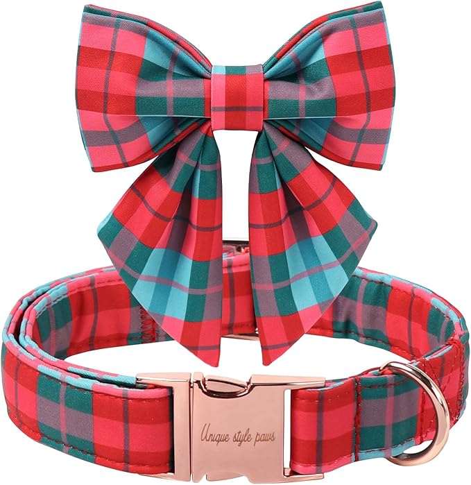 Unique Style Paws Christmas Dog Collar with Bowtie Red Green Grid Cotton Puppy Collars for Small Medium Large Dogs