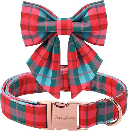 Unique Style Paws Christmas Dog Collar with Bowtie Red Green Grid Cotton Puppy Collars for Small Medium Large Dogs