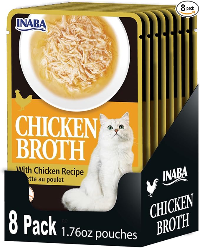 INABA Chicken Broth, Side Dish/Topper for Cats with Vitamin E, 1.76 Ounce Pouch, 8 Pouches Total, Chicken Recipe