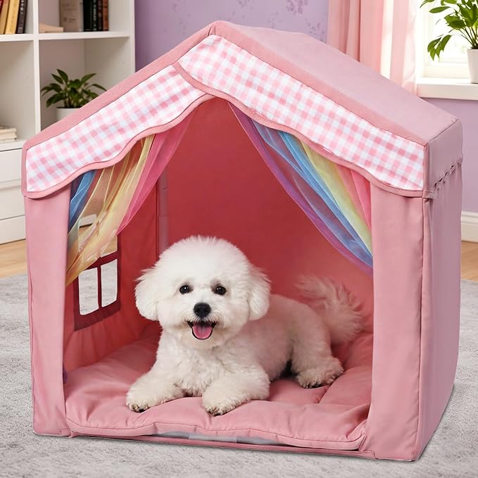 Cute Indoor Dog House for Small Dogs, LitaiL Princess Dog House Indoor Outdoor, Pink DogTent Bed, Small Dog Tent with Soft Cushion for Small Medium Pets