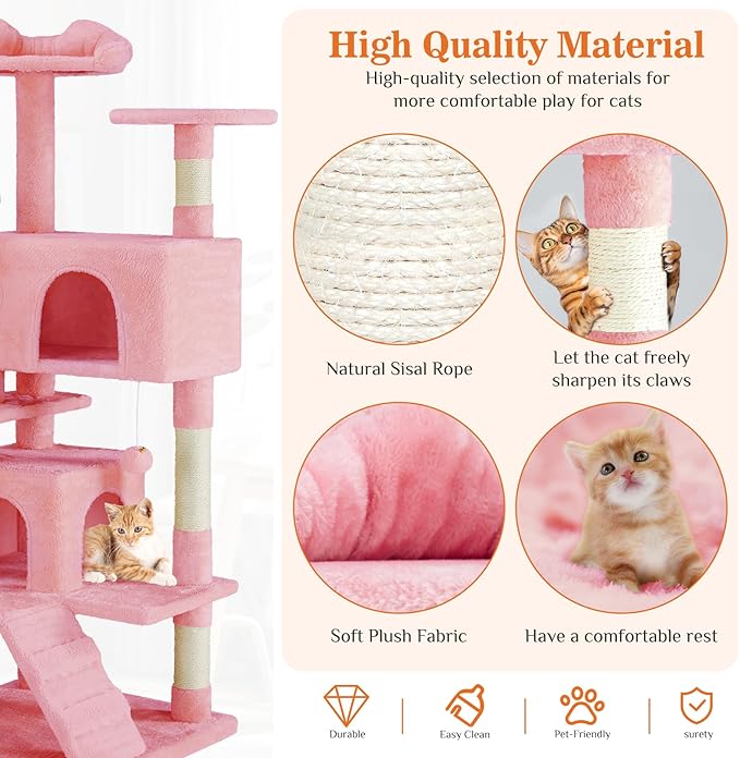 Sweetcrispy 54 Inch Cats Tree Tower, Multi-Level with Cat Scratching Post, Indoor Cat Condo with Climbing Ladder, Plush Toy, Play House for Cats, Pink