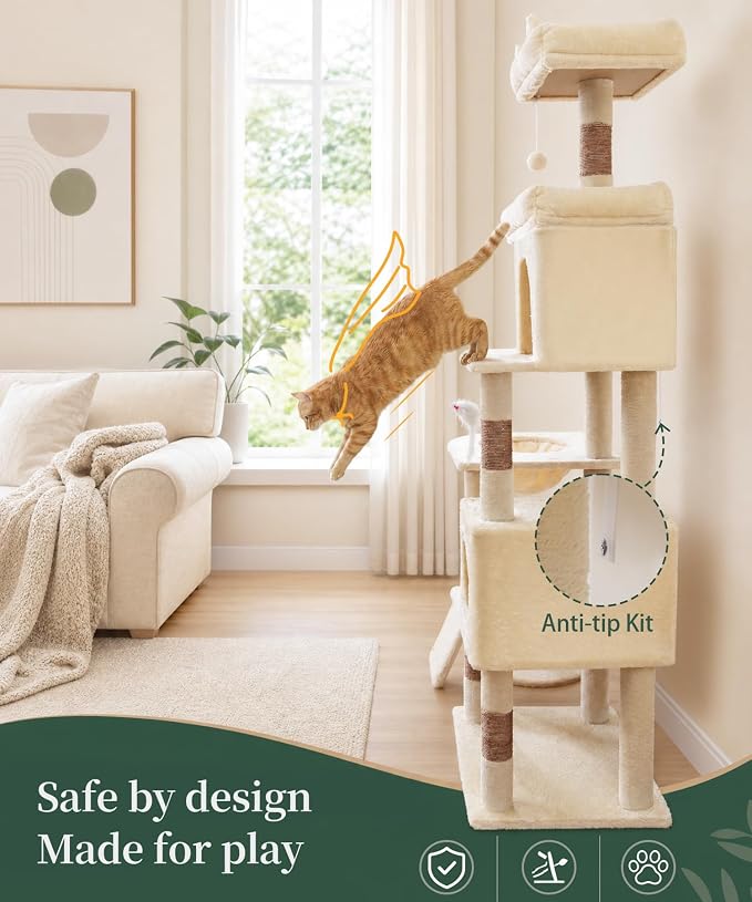 68 Inches Heavy Duty Cat Tree for Indoor Cat, Big Cat Tower with Sisal Scratching Posts and Top Perch, Large Platform for Adult Cats, PMT02BW, Beige