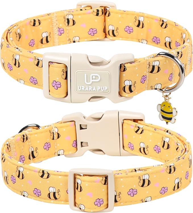 Bee Cotton Dog Collar, Summer Spring Bee Floral Pattern,Adjustable Soft Pet Collar with Cute Charm/Durable Buckle, Lightweight Comfortable for Small Medium Large Dogs