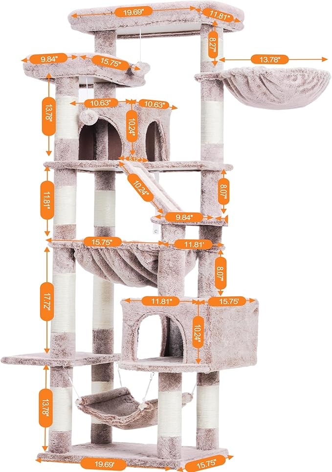 Heybly Cat Tree, 71-Inch-Tall Tower for Indoor Cats with 2 Perches, 2 Big Condos, 2 Hammocks, Basket, Scratching Pad, Large Cat Furniture and Condo, Mushroom HCT034MU