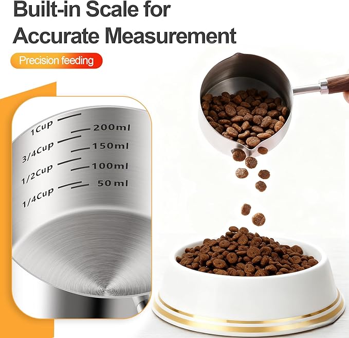 Dog-Cat Food Scoop 1 Cup – 304 Stainless Steel Measuring Cup with Long Walnut Handle, Precise Scale for Pet Food, Easy to Clean & Durable Metal Scoop for Dogs, Cats, and Kitchen Use