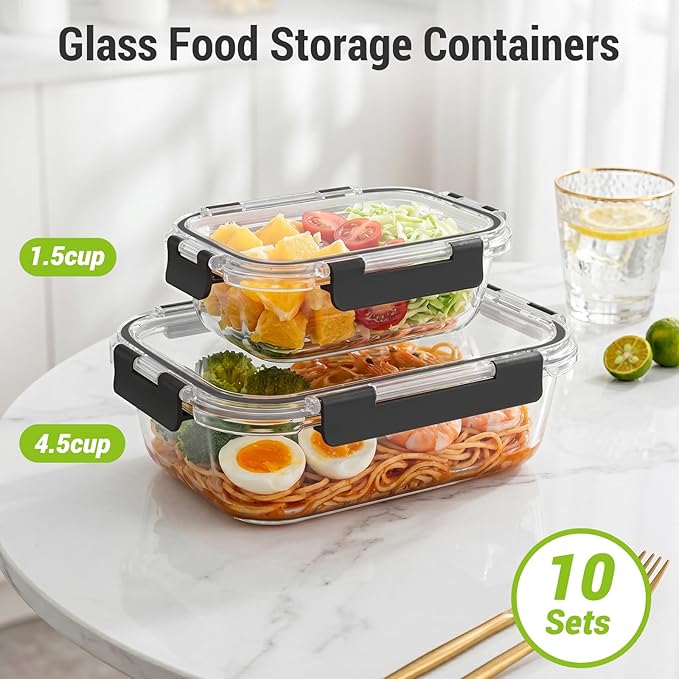 Dealusy 10 Sets (20-Piece) 4.5 Cup & 1.5 Cup Glass Food Storage Containers with lids, Airtight Leak-proof Glass Meal Prep Containers with Lids, Microwave Oven Freezer Dishwasher Safe, Black