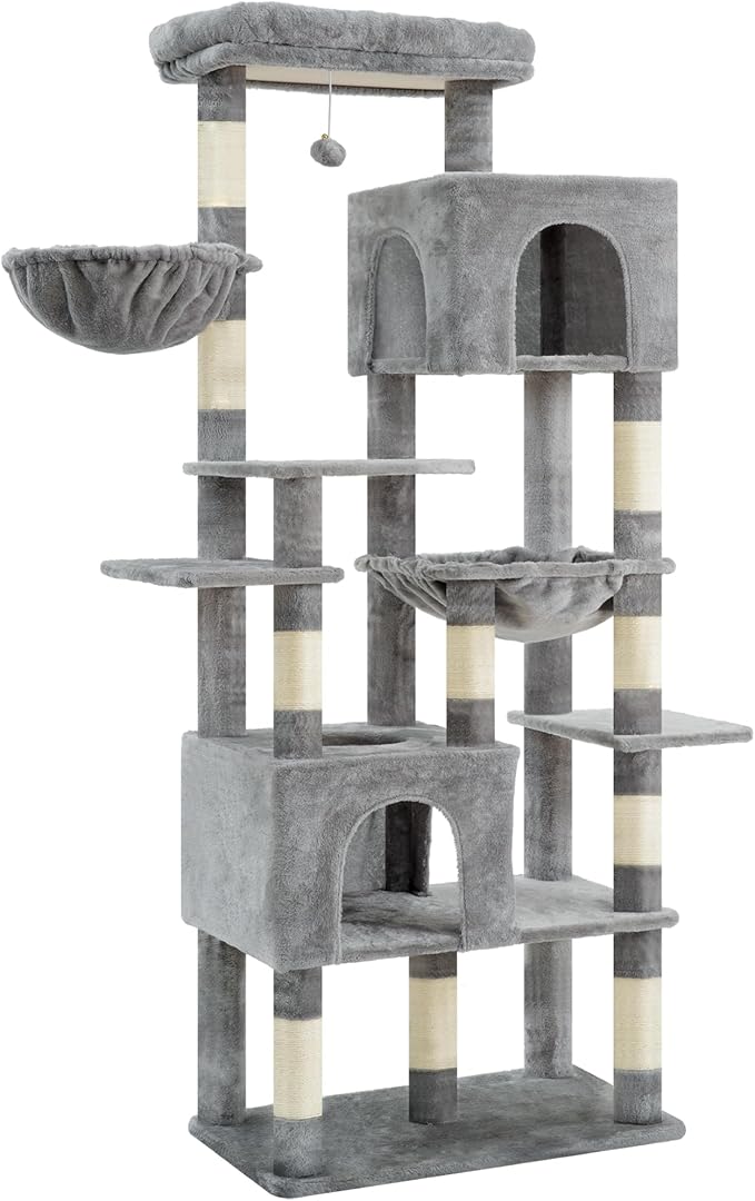 Heybly Cat Tree, 76-Inch Tall Heavy Duty Cat Tower for Big Cats with Extra Wide Baseboard, Multi-Level Large Cat Furniture with 2 Condos & 2 Hammocks, 10 Scratching Posts, Light Gray HCT039W
