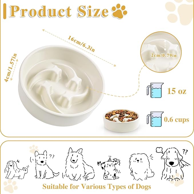 Ceramic Slow Feeder Dog Bowls, 0.6 Cups Dog Food Dish for Small and Medium Breed, Puzzle Dog Food Bowl for Fast Eater, 15OZ, 6.3 inch(Beige)
