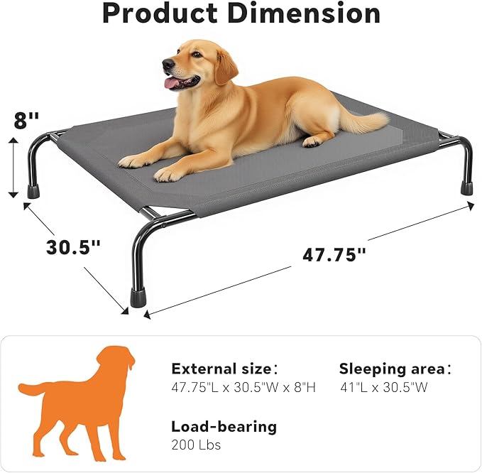 Simple Trending Raised Dog Bed for Large Dogs, Waterproof Elevated Dog Cot for Outdoor, Cooling Breathable Pet Hammock Bed, 47.75" x 30.5", Dark Grey