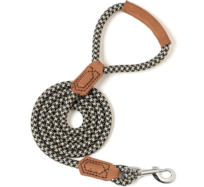 Mile High Life | Premium Leather Handle Dog Leash | Strong Rope Leash | Zinc Alloy Strong Clasp | Small Medium Large Dogs | 4/5/6 Feet(Black Khaki, 72 Inch (Pack of 1))