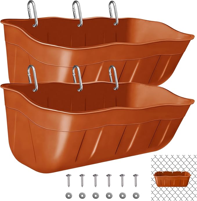 Hanging Goat Feeders,Chicken Feeder Waterer,Large Feed Trough 7.5 Quart 2 Pack,Hanging Fence Feed Trough for Poultry Livestock,Terracotta