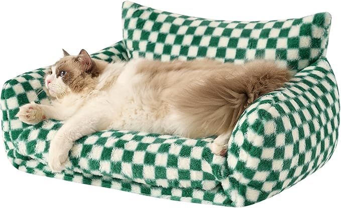 Hollypet Cat Bed Fluffy Plush Multifunctional Double-Layer Machine Washable Soft Warming Kitty Pet Couch Orthopedic Nest Beds for Small Cats and Dogs up to 13lbs, Forest Green ＆ White(25x20x13in)