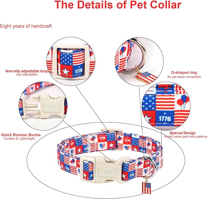 4th of July Dog Collar Blue Patriotic Dog Collars for Medium Dogs - Lightweight Adjustable 1776 Boy Girl Puppy Collars Cute Independence Day Male Female Dogs Collar M